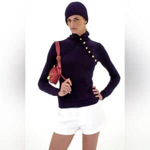 Vintage Ralph Lauren Collection Knit Sweater Gold Button Neck Navy Runway Top L